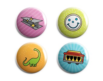 Cute Pittsburgh Pins or Magnets - 1 Inch Handmade Buttons - Smilie Cookie, Trolley, Dippy Dino and Steel - Pittsburgh Gift - Set of 4