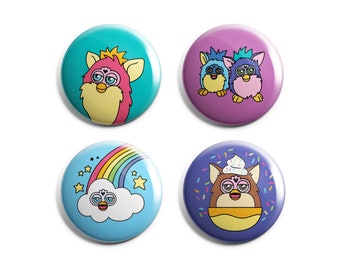 Furby Pin or Magnet Set - 1 Inch Handmade Buttons - 90s Kid Gift - Set of 4