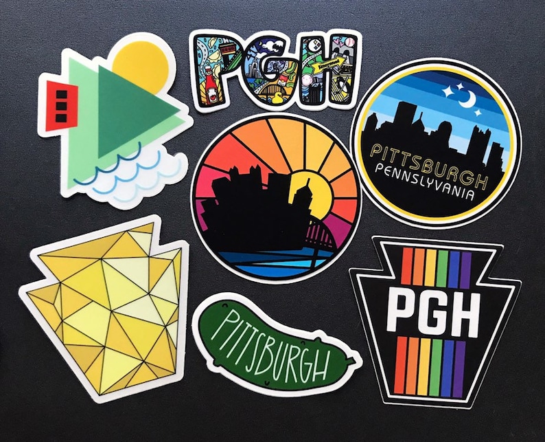 The Best Pittsburgh Stickers by Local Pittsburgh Artist, 1flychicken creations - Keystones, Pickles, Rainbow Retro Geometric