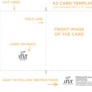 Peut inclure: Gabarit de carte A2 avec lignes de coupe et de pliage, con&ccedil;u pour du papier de 21,6 cm x 27,9 cm. Comprend des instructions et un espace pour l'image de face de la carte. Avec le logo "1FLY Chicken Creations" et un message de remerciement.