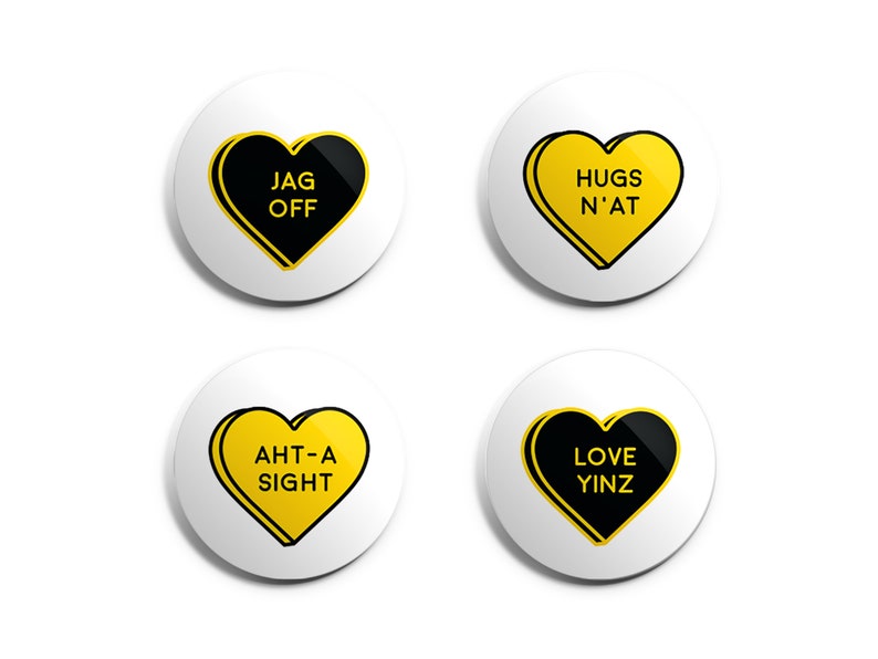 Pittsburgh Pins or Magnets Funny Yinzer Candy Hearts Jagoff Love Gifts Black Yellow Pittsburgh Valentine Hearts image 2