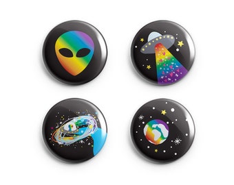 Rainbow Alien Pins and Magnets - 1 Inch Rainbow Alien UFO Button Sets - Handmade Gift for LGBTQA - Set of 4