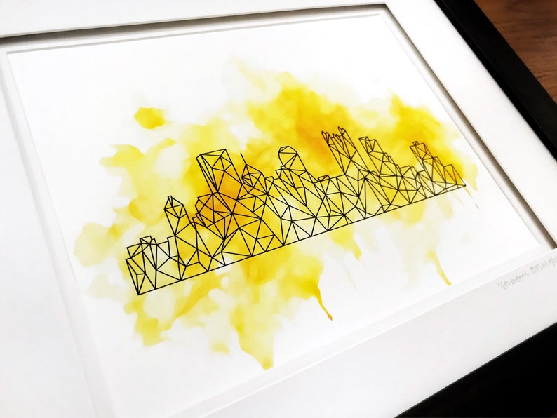 Pittsburgh Art City Print Black Yellow Modern Art Geometric City Skyline Print Pittsburgh Watercolor Design Wall Art image 4