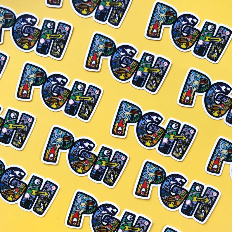 PGH Pittsburgh Stickers on Yellow Background Perfect for Yinzers by 1flychicken creations