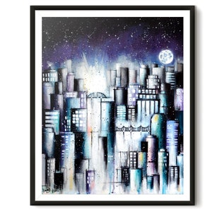 Purple City Moon - Cityscape Painting Art Print - 8 x 10 Wall Art