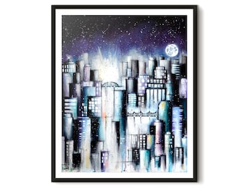 Könnte beinhalten: Ein Aquarellbild einer Skyline einer Stadt bei Nacht mit Vollmond und Sternen am Himmel. Die Gebäude sind in Blautönen, Grau und Weiß gemalt.