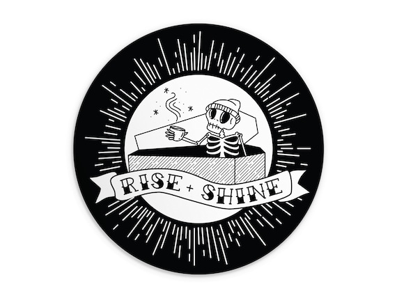 Skeleton Coffee Sticker - Traditional Tattoo Style, Weatherproof Vinyl Decal - 3 inch Round Black and White Sticker