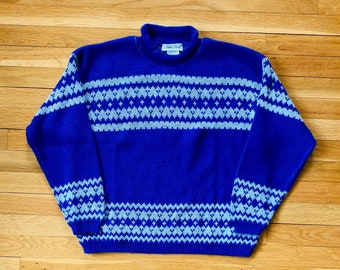 Suéter vintage de los años 80 - Patrón Fair Isle azul y blanco de invierno - Cuello enrollado - Marca Cabin Creek - Mediano para mujer