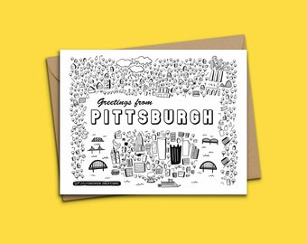 Pittsburgh Doodle Cards - Unique Greetings Pittsburgh Greeting Card by Local Artist - Black + White Illustration - Yinzer Note Cards