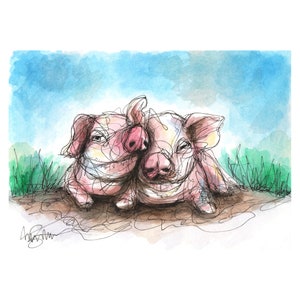 Cute Pig Painting - Watercolor and Ink Professional Giclee Art Print - Modern Farm Decor - Pig Lover Gift - Size 5 x 7