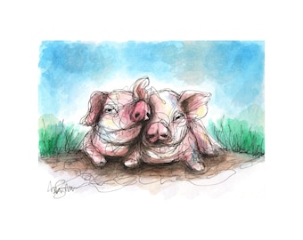 Cute Pig Painting - Watercolor and Ink Professional Giclee Art Print - Modern Farm Decor - Pig Lover Gift - Size 5 x 7
