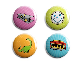 Lindos pines o imanes de Pittsburgh - Botones hechos a mano de 2,5 cm - Galleta sonriente, carrito, dinosaurio Dippy y acero - Regalo de Pittsburgh - Juego de 4