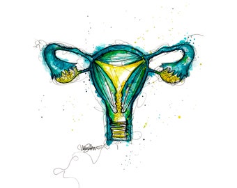 Anatomic Uterus Art - Watercolor + Ink Uterus + Ovaries Painting Giclée Print - Unique Anatomy Painting - Teal Blue Green Hues - Anatomy Art