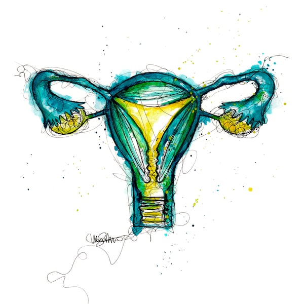 Uterus Art - Watercolor + Ink Uterus + Ovaries Painting Giclée Print - Unique Anatomy Painting - Teal Blue Green Hues - Womens Rights Art