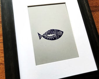 Retro Fish Block Print - Midcentury Modern Decor - Handmade Fish Art - Pisces Gift - Lino Carving Hand-Printed - Simple Tribal Block Print