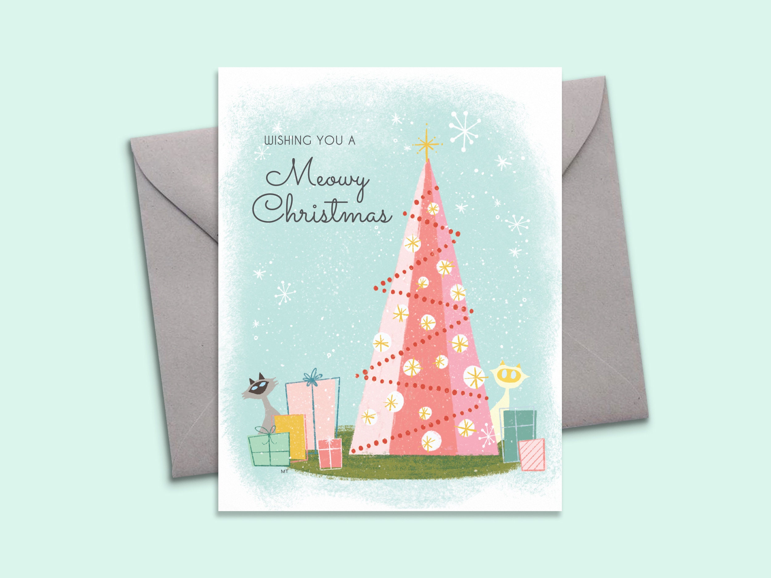 ヴィンテージ猫のクリスマスカード - ミッドセンチュリースタイルの