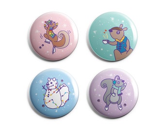 Winter Squirrels Pin and Magnets - 1 Inch Handmade Buttons - Cute Gift for the Squirrel Lover