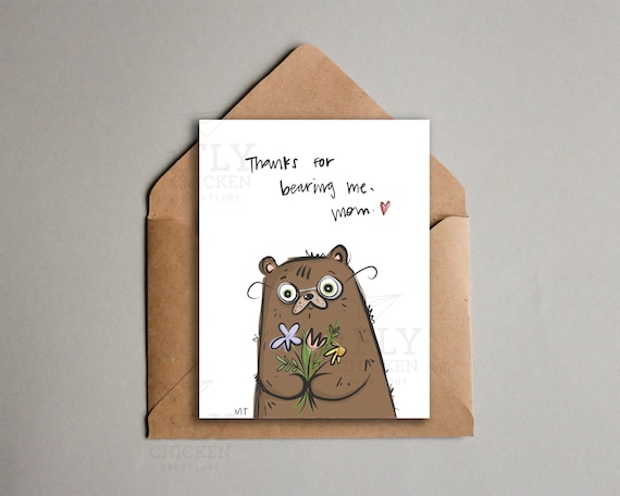 Nerdy Bear with Glasses Thank You, Mom Card - Thanks Mom Printable - Nerdy Animal Pun - Instant Download - Birthday Card for Mom