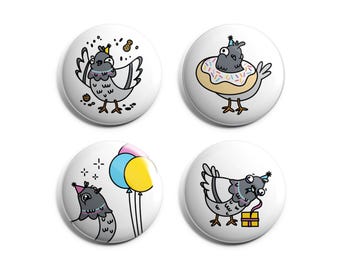 Party Pigeons Pin or Magnet Set - 1-Inch Handmade Buttons - Small Gift for Pigeon Lovers - Set of 4 Pins or Fridge Magnets