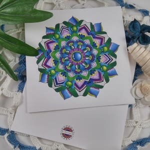 Mandala carte de voeux/anniversaire + enveloppe bleu vert zen design cadeau spirituel pour elle ou lui impression numérique à partir du dessin original