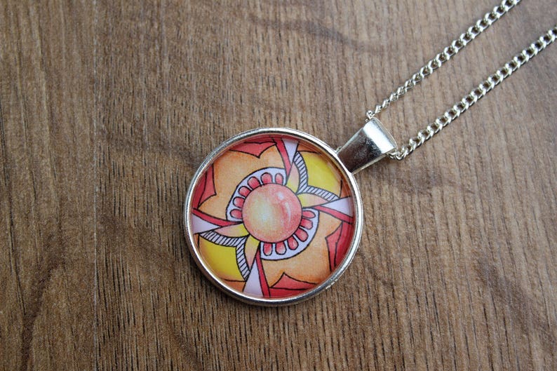 Yellow Red Mandala Pendant Charm Necklace Circle spiritual necklace on short silver chain gift for her