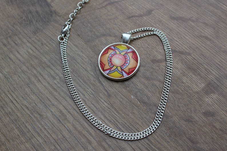 Yellow Red Mandala Pendant Charm Necklace Circle spiritual necklace on short silver chain gift for her