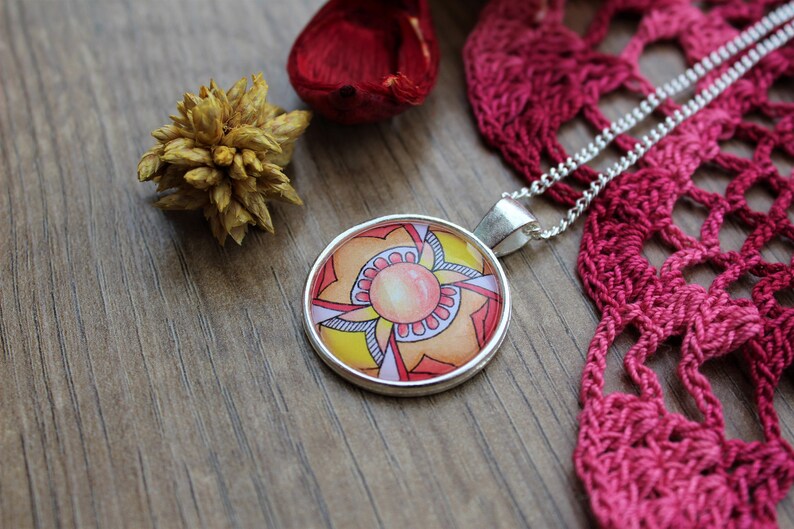 Yellow Red Mandala Pendant Charm Necklace Circle spiritual necklace on short silver chain gift for her