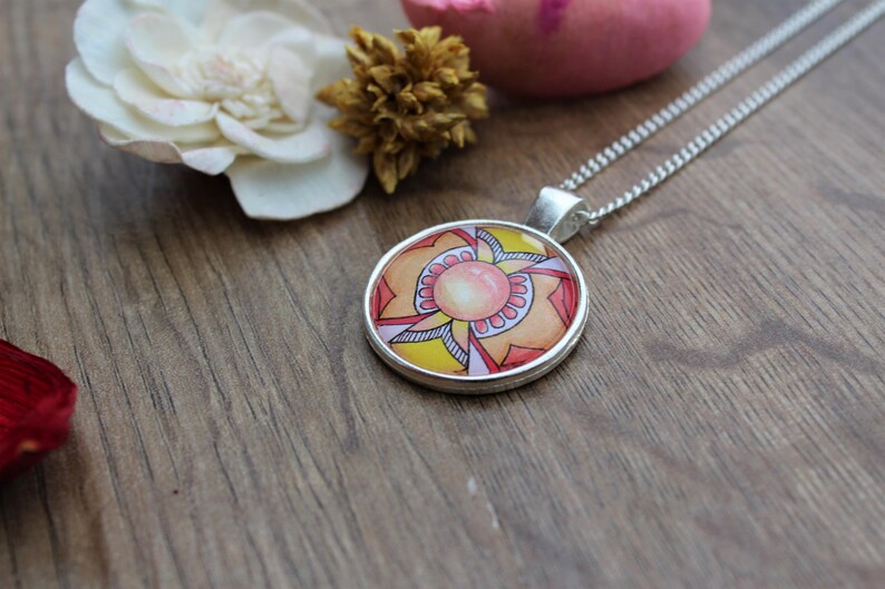 Yellow Red Mandala Pendant Charm Necklace Circle spiritual necklace on short silver chain gift for her