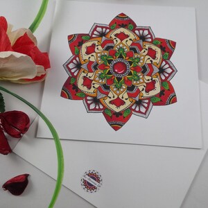 Biglietto di auguri di compleanno Mandala rosso + busta 150 x 150 mm spirituale zen festa della mamma regalo perfetto per lei stampa digitale