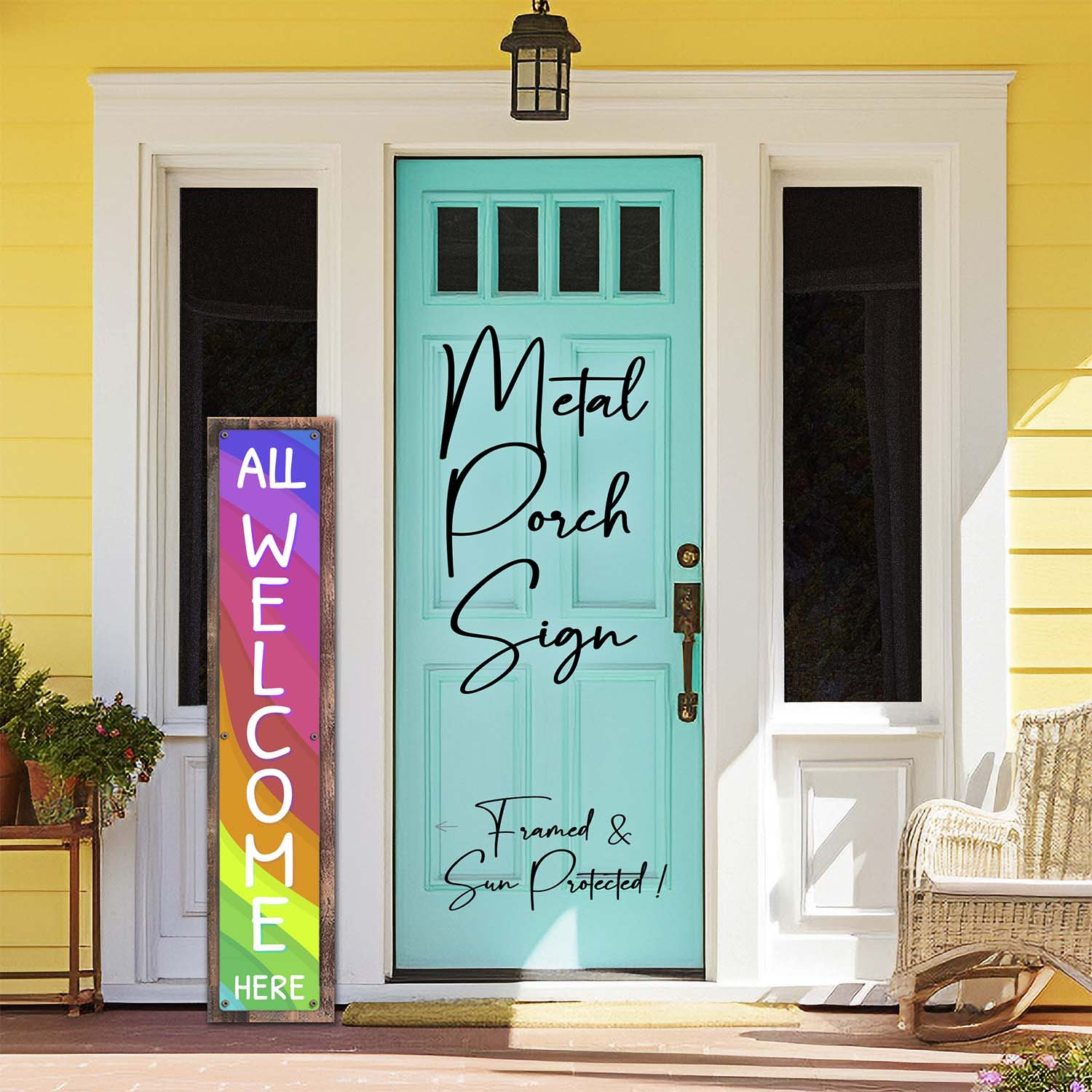 Colorful Rainbow All Welcome Sun Protected Metal Porch Sign; Pride