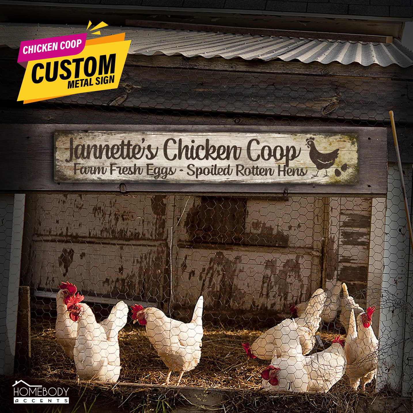 CUSTOM Chicken Coop Metal Sign; Indoor-Outdoor, Aluminum Wall Decor for Farm, Yard and Outdoor Living