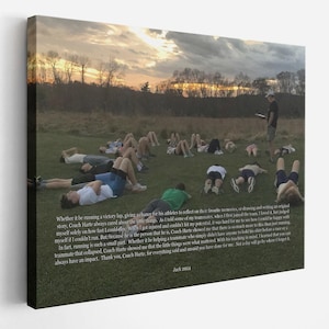May include: A group of people are lying on a grassy field at sunset. The sky is a vibrant orange and pink. The people are all wearing athletic clothing. The text "Whether it be running a victory lap, giving a challenge for his athletes to reflect on their favorite memories, or drawing and writing an original story, Coach Harte always cared about the little things. As I told some of my teammates, when I first joined the team, I would be happy with myself solely on how fast I could run. But because he is the person that he is, Coach Harte showed me that running is such a small part. Whether it be helping a teammate who collapsed, Coach Harte showed me that the little things were what mattered. With his teaching in mind, I learned that you can always have an impact. Thank you, Coach Harte, for everything said and unsaid you have done for me. Not a day will go by where I forget it. Jack 2014" is written on the bottom of the image.