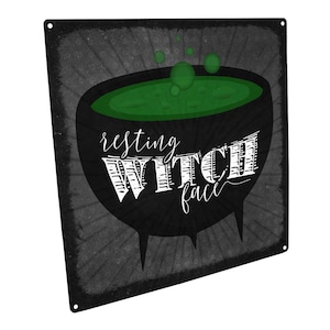 Letrero de metal con cara de bruja descansando verde para decoración del hogar, cocina, oficina, decoración del hogar o patio al aire libre