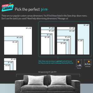 May include: A chart showing different sizes of custom canvas prints, ranging from 8x8 inches to 36x36 inches. The chart is labeled with the dimensions of each canvas size. The text "Pick the perfect size" is at the top of the chart. The text "Note: these sizes are shown in portrait (vertical) format but they can also be used in landscape (horizontal) format" is below the chart. The text "Sofa approximately 6ft. wide (727)" is below the chart. The chart is on a dark gray background.