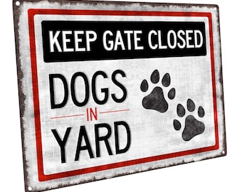 Dogs in Yard Metal Sign; Wall Decor for Porch, Patio, or Deck