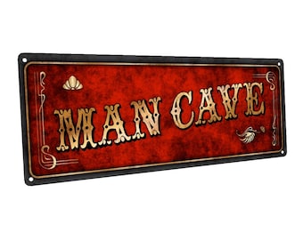 Red Man Cave Metal Sign; Wall Decor for Mancave, Den, or Gameroom