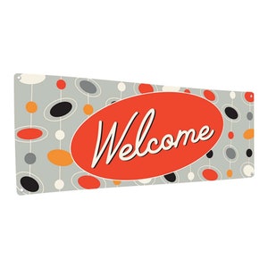Letrero metálico de bienvenida moderno de mediados de siglo; decoración de pared de aluminio para interiores y exteriores, ideal para hogares, oficinas y negocios retro.