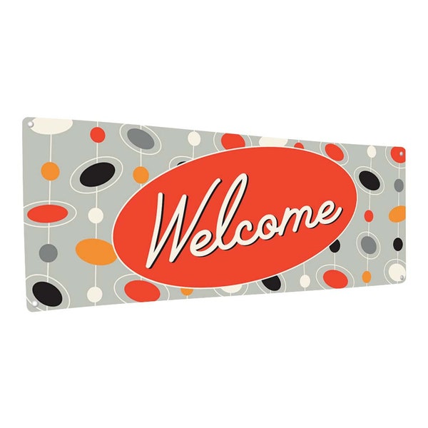 Mid Century Modern Welcome Metal Sign; Indoor-Outdoor, Aluminum Wall Decor for Retro Homes, Offices, and Businesses