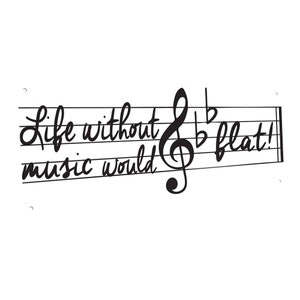 May include: Black and white illustration of a treble clef on a musical staff with the text "Life without music would be flat!"