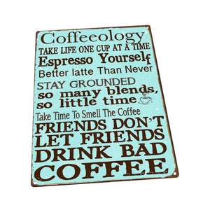 Turquoise Coffeeology Metal Sign; Wall Decor for Kitchen and Dining Room