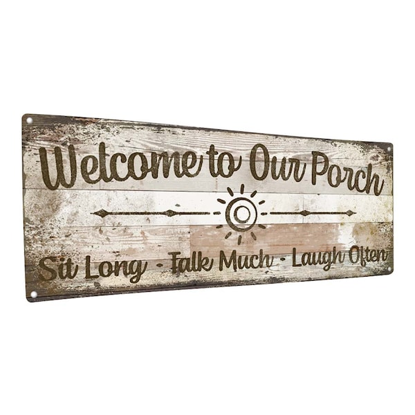 Welcome to Our Porch with Sun Image Wood-Look Metal Sign; Indoor-Outdoor,  Aluminum Wall Decor for Patio and Outdoor Living