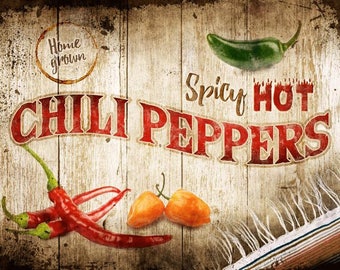 Sun Protected 9"x12" Spicy Hot Chili Peppers Metal Sign, Kitchen Décor, Rustic Décor
