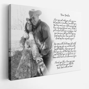 May include: A black and white photo of a couple standing in front of a wooden fence. The man is wearing a cowboy hat and the woman is wearing a dress. The photo is accompanied by a handwritten love letter.