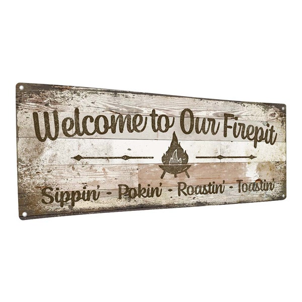 Welcome to Our Firepit with Fire Image Metal Sign; Indoor-Outdoor,  Wood-look, Aluminum Wall Decor for your Outdoor Living