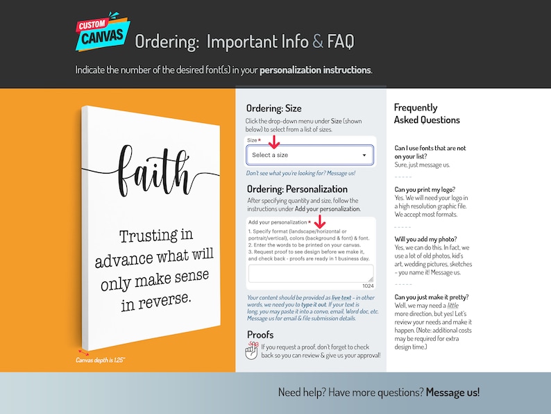 May include: A white canvas with the word "faith" written in black cursive script. The text below reads "Trusting in advance what will only make sense in reverse." The canvas is on a bright orange background. The image also includes information about ordering custom canvases, including size, personalization, and frequently asked questions.