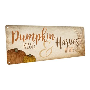 Letrero de metal con besos de calabaza y deseos de cosecha; decoración de pared para ocasiones de temporada