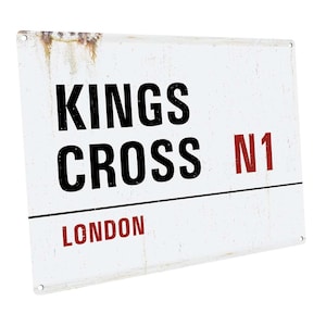 Impresión artística metálica con el letrero de calle Kings Cross London; para el hogar, la oficina, el estudio, el bar, la sala de juegos, la cueva del hombre