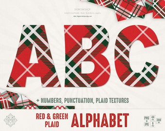 Red Plaid Uppercase Alphabet Clip Art, Clipart, digital Christmas set with letters, font, numbers in red, green colors + plaid textures
