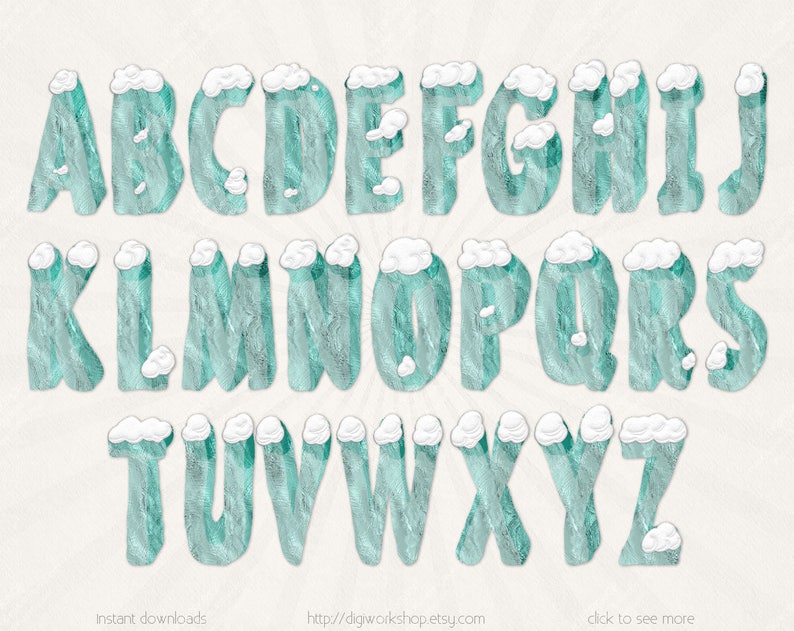 Winter Frozen Alpha digital alphabet ice letters with icy textures and white snow Frozen Alphabet Letters Clipart Clip Art