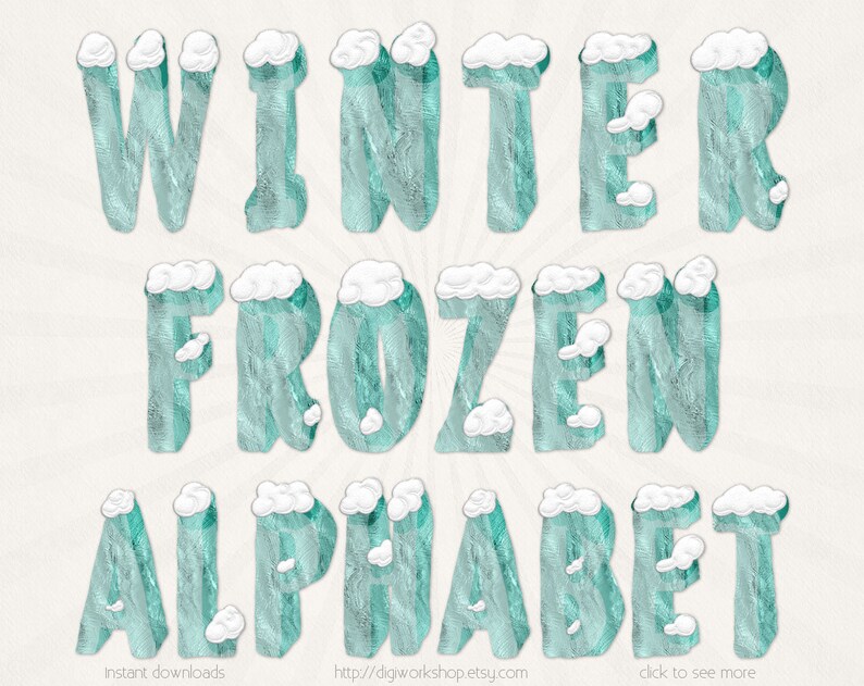 Winter Frozen Alpha digital alphabet ice letters with icy textures and white snow Frozen Alphabet Letters Clipart Clip Art